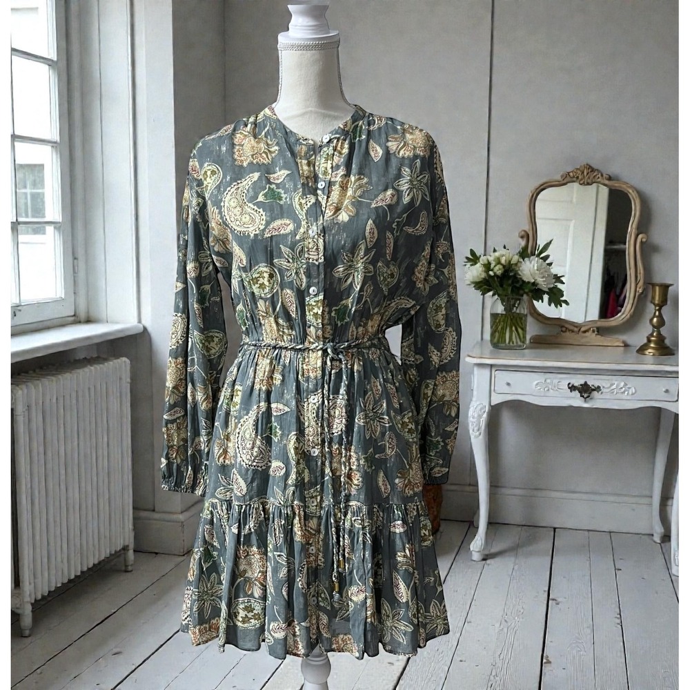 Bishop + Young Cameron Tiered Maxi Dress Paisley Floral Print Belted Long Sleeve